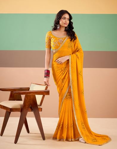 Image of SIRIL Women's Georgette Bandhani Printed, Embroidery Lace Saree With Unstitched Blouse Piece