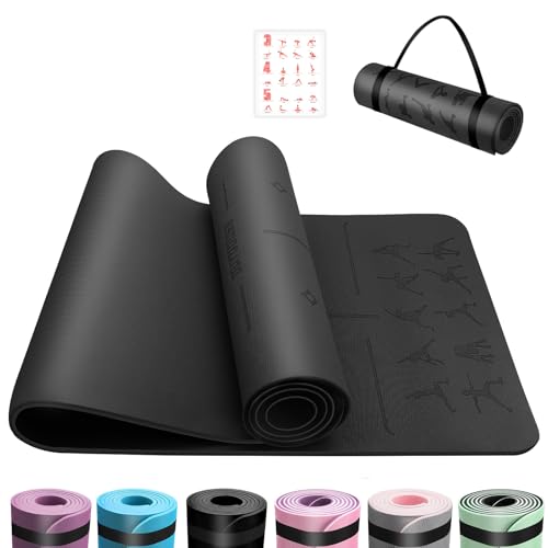 OUTDOUSE Yoga Mat with Alignment Lines TPE 6mm Sports Exercise Mat Non-Slip for Gymnastics Pilates Home Travel Gymnastics Mat with Storage Straps Yoga Mats for Women and Men 183x61x0.6cm