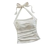 Women's Ruched Halterneck Y2K Crop Tops Tie Back Sleeveless Slim Fit Cami Top Teen Girls Textured Square Neck Shirts (White Small)