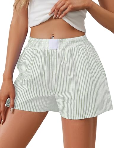 Image of Ythomm Womens Lounge Shorts Y2k Striped Print Elastic Waist Pajama Shorts Cute Boxers Bottoms With Pockets Comfy Sleepwear, Large, Green-white
