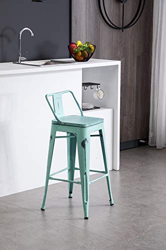 HAOBO Home Industrial Bar Stools Metal Barstools Counter Height Stools with Wooden Seat [Set of 4](24\", Low Back Swivel Distressed Green-Blue) - Thumbnail 5
