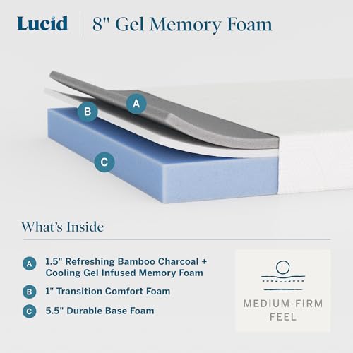 Lucid 8 Inch Memory Foam Mattress - Medium Firm Feel - Gel Infusion - Memory Foam Infused with Bamboo Charcoal - Breathable - CertiPur Certified - TwinTwin Size