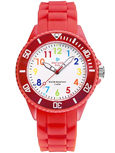Alienwork Kids Lernuhr Kinderuhr Mädchen Uhrzeit Lernen Rot Silikon-Armband Mehrfarbig Kinder-Uhr Wasserdicht 5 ATM Zeit Lernen