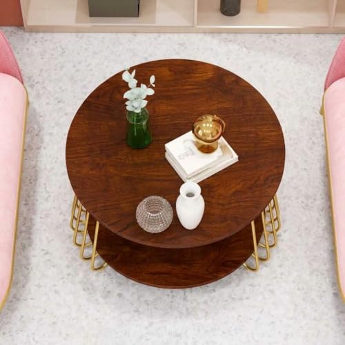 Image of Al Hama end Tables for The Living Room with a Metal-Framed Sofa Table and Modern Side Tables with Two Tiers in a Tea Marble Pattern (Gold Brown)