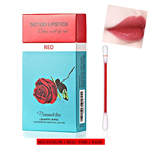 Tattoo Lipstick Cigarette Cotton Swab Lipstick and Lip Gloss Makeup Waterproof Liquid Non-Stick With Cigarette Box (Red)