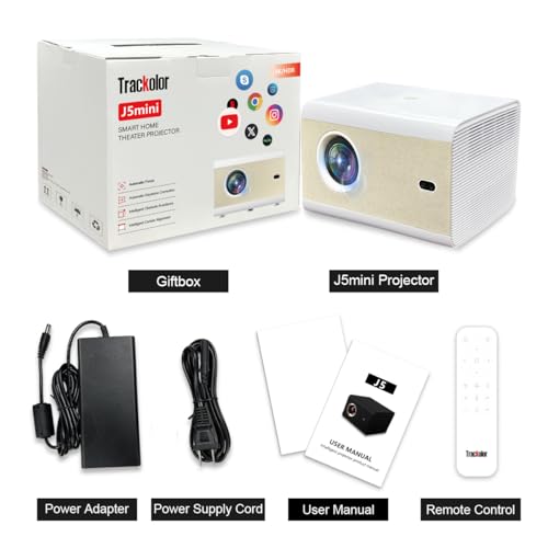 Image of 4K 250ANSI Bluetooth Home Smart Wifi Projector with 200 inch Screen, Trackolor J5 mini LCD Movie Projector Compatible with iOS /Android Phone /Tablet /Laptop /PC /USB /DVD /Game Console PS5 /Speaker, white