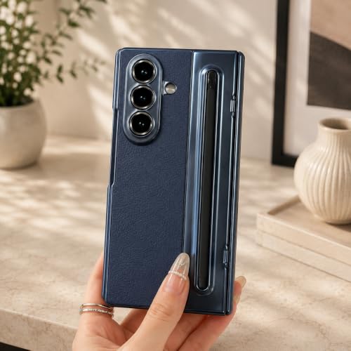 Image of amazon basics Premium Genuine Leather Case for Samsung Galaxy Z Fold 8 Ultra - Slim Fit Luxury Business Cover with Built-in S Pen Slot & Magnetic Hinge Protection - Midnight Blue