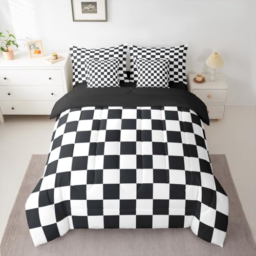 Image of Erosebridal Checkered Full Comforter Set 7 Piece Black and White Buffalo Plaid Bedding Sets for Kids Boys Teen Men,Geometric Grids Gingham Bed in A Bag with Sheets Modern Bed Set Bedroom Decor