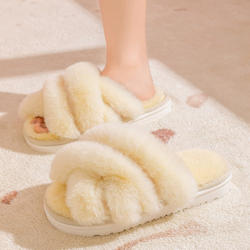 Fuzzy House Slippers for Women Memory Foam Cross-strap Slip On Open Toe Furry Fur Bedroom Indoor Oudoor Slides Slipper Shoes2