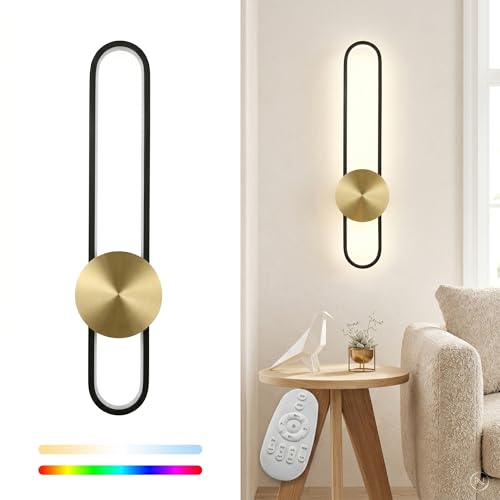 Image of JAYMP RGB Modern Wall Sconce Dimmable LED Wall Light Fixture with Remote & APP, Hardwired Wall Lamp for Living Room, Dining Room, Bedroom, Hallway, Entryway, 1 Pack (Brushed Black,RGB, H56cm /22inch)