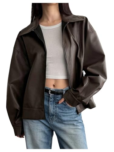 SOLY HUX Women's Zip Up Collared Faux Leather Motorcycle Jackets Causal Lightweight Oversized Outerwear Coat