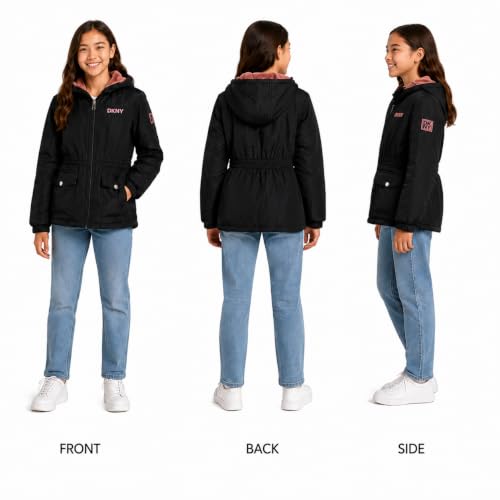 Image of DKNY Girls Midweight Jacket - Cozy Sherpa Fur Lined Water Resistant Hooded Anorak Windbreaker Zip Up Jacket for Girls