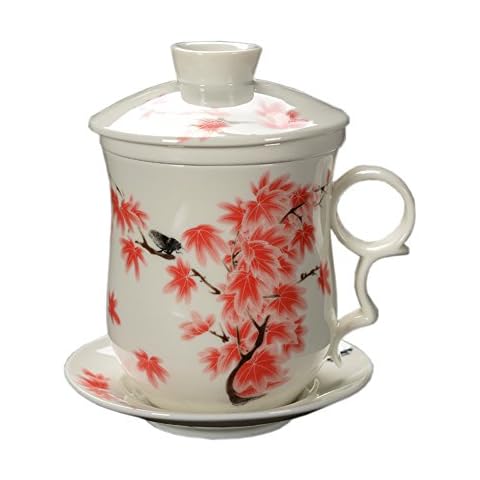 ufengke Jing Dezhen Taza De Té De Porcelana, Conjunto De 4 Piezas Patrón De Arce Rojo Cover