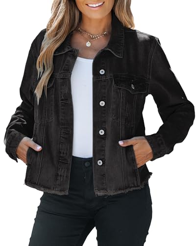 Vetinee Ladies Denim Jacket Lightweight Jean Jacket Women Ladies Lightweight Denim Jackets Graphite Black Large Fits Size 12 / Size 14