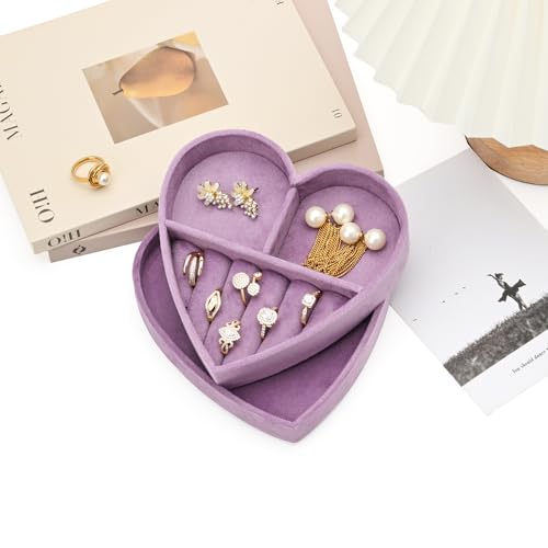 TAIMY Jewelry Box, Small Heart Shape Plush Velvet Jewelry Box for Women and Girls, Portable Jewelry Holder Organizer for Rings Earrings Bracelets (Purple) by TAIMY - Image 2