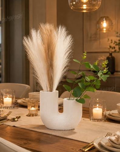 Image of Divyakosh Modern Double Mouth Vase with 3 Pampas Grass & 4 Eucalyptus Stems, White Ribbed Decorative Plastic Vase for Living Room, Center Table, Bedroom, Home Decor Gift Set