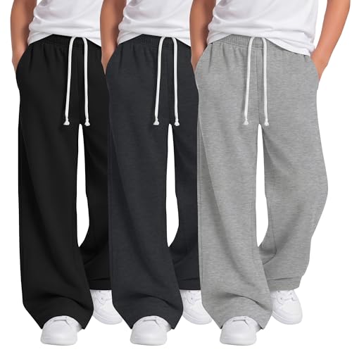 Mumucove 3 Pack Boys Baggy Sweatpants Wide Leg Open Bottom Drawstring Elastic Waist Athletic Joggers Pants with Pockets 6-16y(Light Mix Gray Dark Mix Gray Black 8-9 Years)