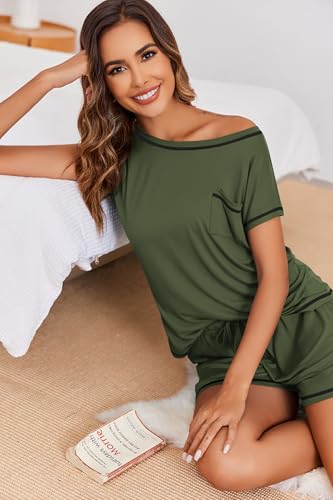 Image of Ekouaer Womens Pajama Sets 2 Piece Soft Short Sleeve Top and Shorts Sleepwear Round Neck Pjs Lounge Set with Pockets