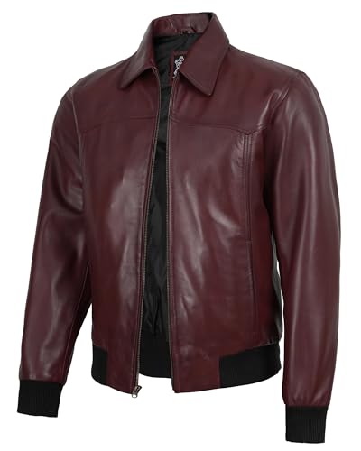 Image of Decrum Men's Bomber Leather Jacket - Vintage Style Real Lambskin Leather Jacket with Rib-Knit Cuffs and Hem