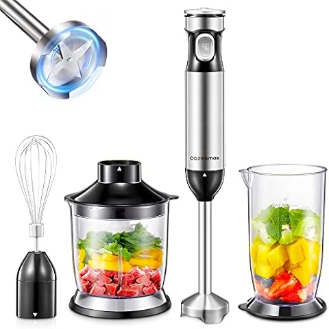 Hand Immersion Blenders 1000W, 4 in 1 Hand Blender Set, Stepless Speed Control Blender Mixer with 500ml Food Chopper, 700ml Beaker, Egg Whisk, 4 Stainless Steel Blades, BPA-Free by Cozeemax Cover