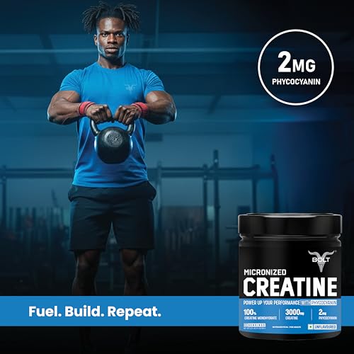 Image of Bolt Micronised Creatine Monohydrate 3000 Powder|With Phycocyanine|Provides Energy Support For Heavy Workout|Formulated In Usa|100 grams (0.22Lb),33 Serving|Unflavored