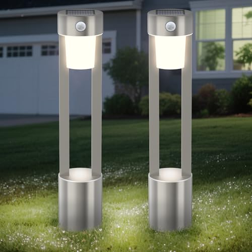 Solar Bollard Lights Outdoor Stainless Steel Pathlight Security Light Motion-Sensor Security Light...