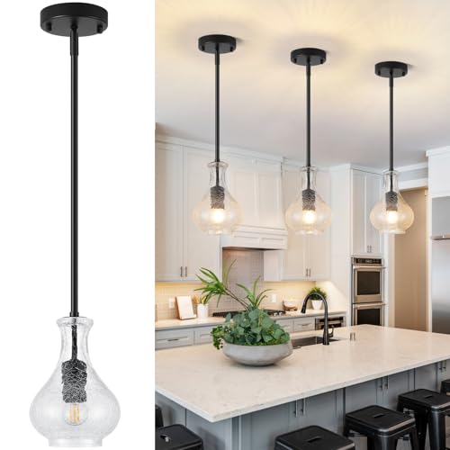 Karjearl Black Pendant Lights Kitchen Island, 5.9' Unique Crackle Glass Pendant Light Fixtures with...