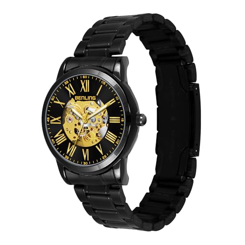Image of Benling Men's Skeleton Automatic Analog Watch Combo | Open Gear Dial | Leather and Stainless Steel Chain Strap | Luxury Mechanical Movement | Casual & Formal Wear Stylish Wrist Watch for Men