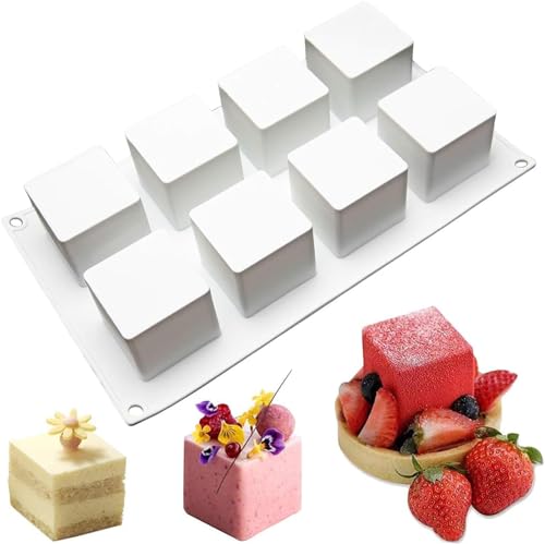 Image of 8 Slot /Cavity Cube Cake Silicone Mold | 2 inch x 2 inch x 2 inch 3D Square Cake Mousse Cupcake Baking Mold, French Dessert Molds for Chocolate Brownie Bites, Pastry, Jello, Ice Cream ice Cube