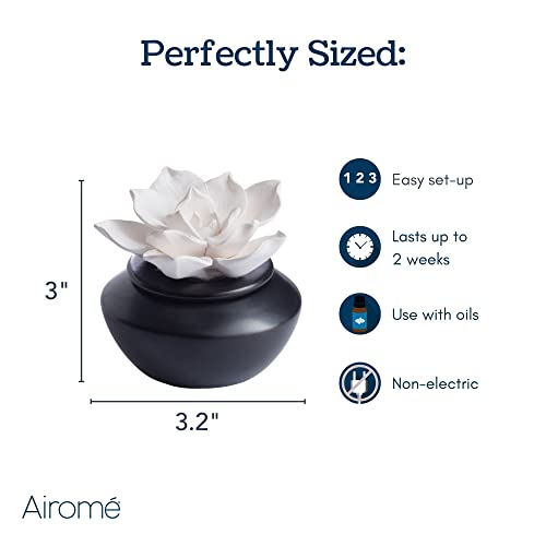 Airomé Gardenia Passive White Porcelain Diffuser, Non-Electric, Battery-Free Fragrance And Essential Oil Diffuser With Peppermint Essential Oil, White Flower With Black Vase #TOP5