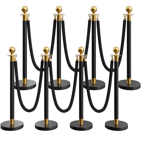 Image of 8 Pack Black&Gold Stanchions and Velvet Ropes Set, Stainless Steel Crowd Control Barriers, 6Pcs Black Ropes and Poles for Party Supplies,Photobooth Accessories, Prom,Birthday,Business,Wedding, Museums