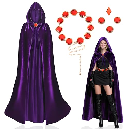 KJXRHQZ Women's Purple Velvet Hooded Cape with Anime Cosplay Belt(2-piece set) –Long purple cloak, Witch & Halloween Costume.e L