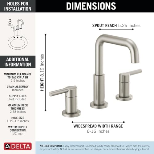 Image of Delta Faucet Nicoli Widespread Bathroom Faucet Brushed Nickel, Bathroom Faucet 3 Hole, Bathroom Sink Faucet, Drain Assembly, Stainless 35849LF-SS