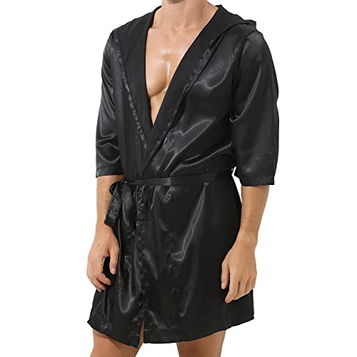 YUFEIDA Mens Satin Robe Silky Bathrobe with Shorts Lightweight Sleepwear Luxurious Pyjama Set Hooded Nightgown with Shorts3