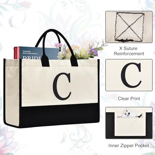Image of GASSDA Initial Canvas Tote Bag Birthdays Gift for Women Mom Teacher Friend Bridesmaid,Custom for Wedding Beach Holidays