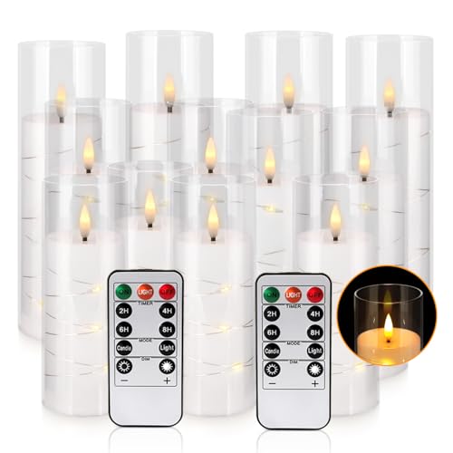 Image of ECLHTLNY12 Pack White Flameless Candles with Embedded Star String - Battery Operated LED Taper Candles with Remote, Flickering Flame, 5 inch 6 inch 7 inch Mixed Sizes for Christmas, Weddings, Home Decor & Party