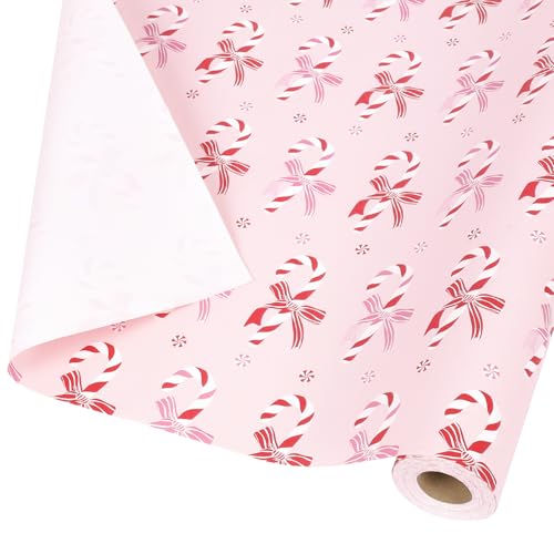 BIOBROWN Pink Bow Christmas Wrapping Paper Roll - 17 Inches X 33 Feet (47 sq. ft. ttl.) Candy Cane Bow Design Pink Gift Wrap Stone Paper for Xmas, Holiday, Party