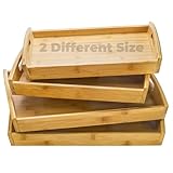 Peohud 4 Pack Bamboo Serving Trays with Handles, Rectangular Kitchen Food Tray for Eating, Dinner Trays for Eating on Couch, Wood Serving Platter for Breakfast, Tea, Bar, Restaurant, Party or Bed