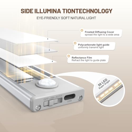 Image of 6 Pack Under Cabinet Lighting Wireless, 50 LED Rechargeable Battery Motion Sensor Light Indoor, Stick On Magnetic Closet Lights, Under Counter Lights for Kitchen, Stairs, Warm 12 in