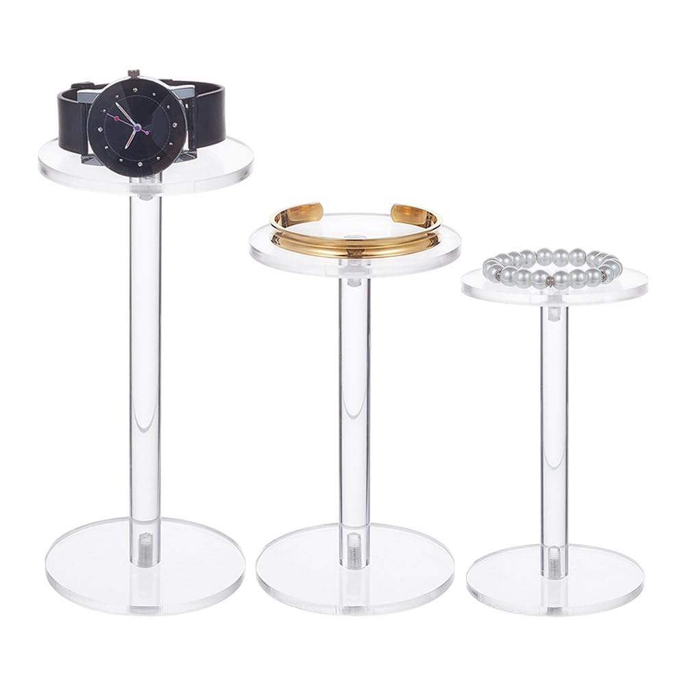 NBEADS 3 Pcs Clear Acrylic Round Barbell Pedestal Display, 3 Sizes T-Shape Pedestal Riser Stands for Watch Jewelry Figures, Cupcake Display
