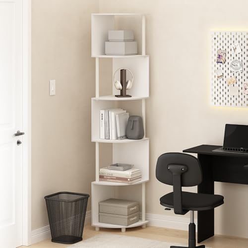 Image of Furinno ECON Corner Shelf, 5-Tier Corner Book Shelf, Zigzag Storage Shelves, Display Rack, Bookshelf, for Organization and Storage, Living Room, Home Office, White