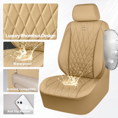 Image of CAR PASS Piping Luxury PU Leather Two Front Car Seat Covers, Waterproof Anti Slip Seat Covers Compatible with Front Seat Armrests,Universal Fit for Suvs,Vans,Trucks,Airbag Compatible(All Beige)