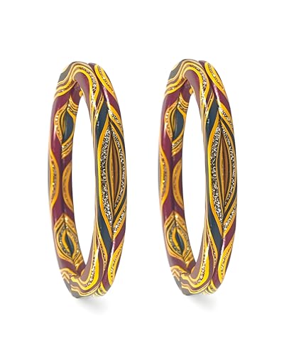 Image of Rajasthani Traditional Lac Bangles Set, Handcrafted Multi-Color Pattern with Gold Accents, Jaipuri Lakh Chudi, Red, Maroon, Pink, Purple, Yellow, 4 Piece Set