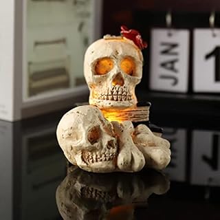 Skull Ornament Resin Skull Head Sculpture Creative Novelty LED Light Up Human Head Skeleton Statue Head Ornaments for Haunted House Home Bar Party Table Decorations Halloween Sculpture Gifts
