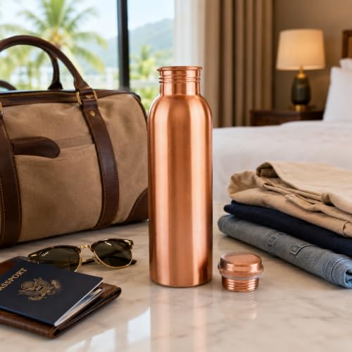 Image of Alpha Living Home Pure Copper Water Bottle 32 Oz Extra Large Wide Mouth Leak Proof Drinking Bottle with Brush, Ayurvedic Reusable Metal Bottle for Travel Office Gym, Pure Copper
