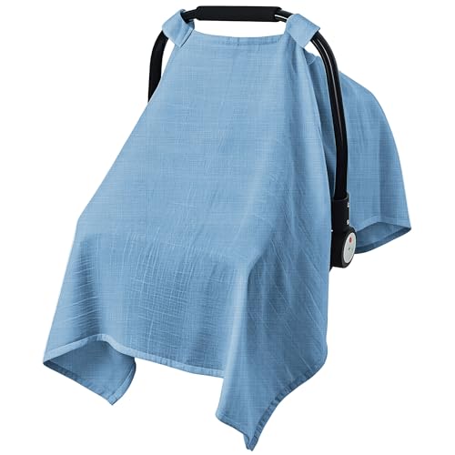 Image of C COMCROSFLY Baby Car Seat Cover, 100% Muslin Carseat Cover, Universal Carseat Covers Baby, Infant Car Seat Cover for Sun, Bug, and Comfort Protection (Blue)