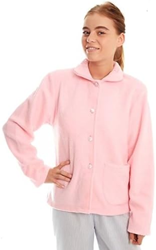 Ladies Fleece Bed jacket with Floral Pattern on Collar and single front pocket Pink 14-16