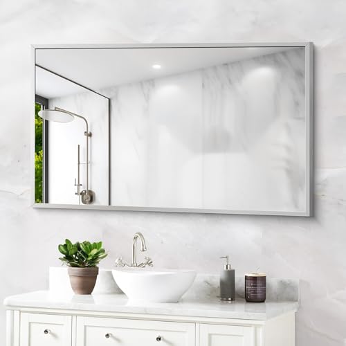 Image of COFENY Silver Bathroom Mirror for Wall, 30x48 Inch Rectangle Mirrors with Metal Frame, Modern Vanity Wall Mirror Decor for Bathroom Living Room, Entryway Hangs Horizontal or Vertical