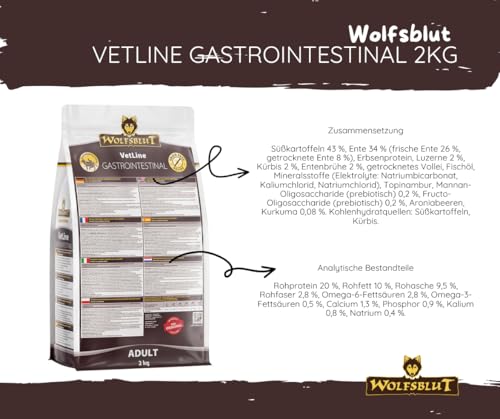 Wolfsblut Vetline Hundefutter - GASTROINTESTINAL, 4x2kg - Sparbundel, Sparpaket - inklusive Warnicks Tierfutterservice Hundesnack Goodie