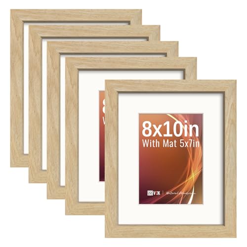 Image of VCK 8x10 Picture Frame 5 Pack, Natural Wood, 5x7 Mat, Glass, for Portrait